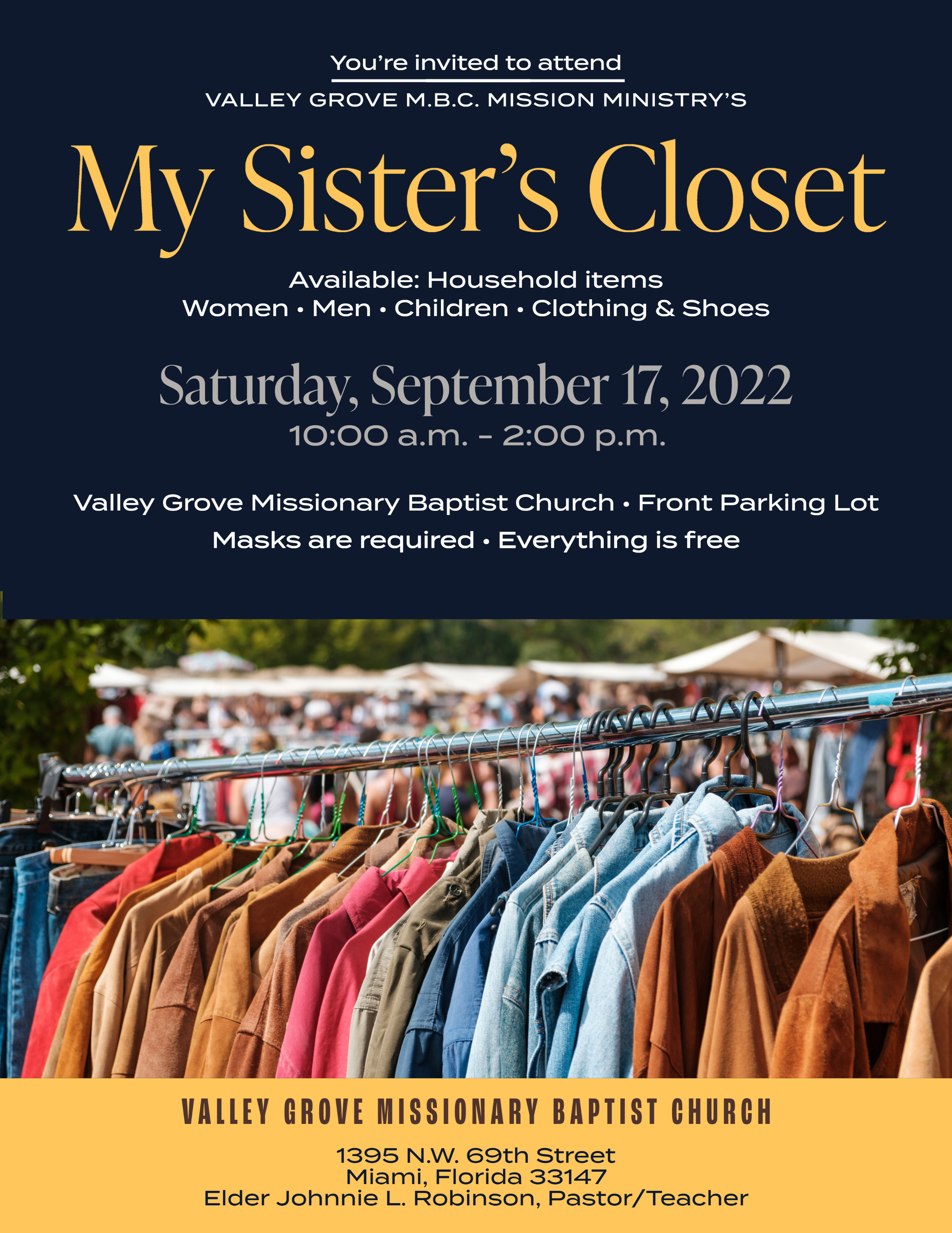 Bold and inviting flyer design for Valley Grove M.B.C. Mission Ministry's 'My Sister's Closet' community event.