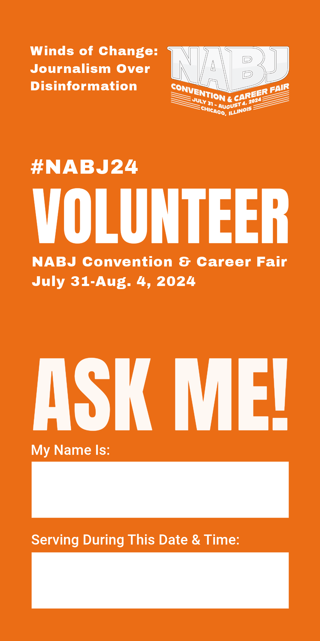 Bold and functional volunteer badge design for the 2024 Convention & Career Fair.