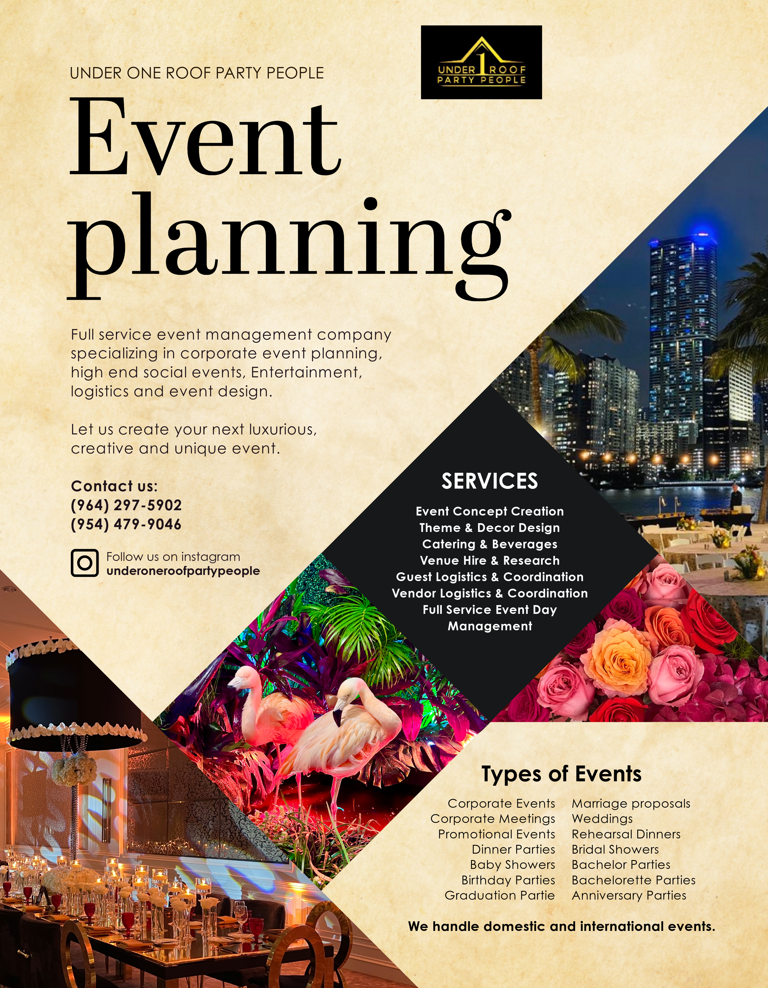 Elegant and vibrant full-page ad design showcasing event planning services for Under One Roof Party People.